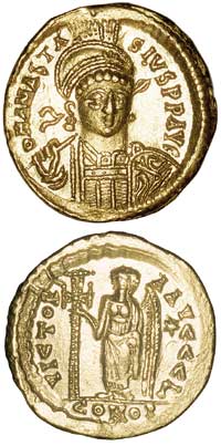 Солид византийского императора Анастасия. 491-517 гг. Золото.